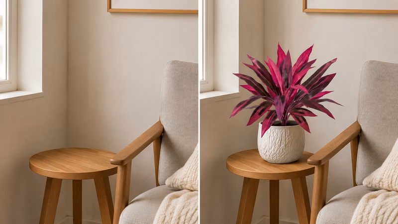Frustrated woman looking at a dead, brown potted houseplant.